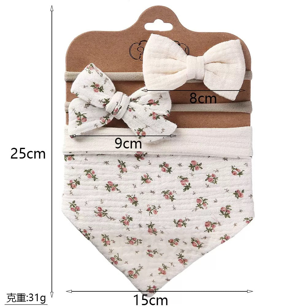 Baberos con cintillo para bebés, set con cintas y lazos decorativos de algodón en diseño floral.
